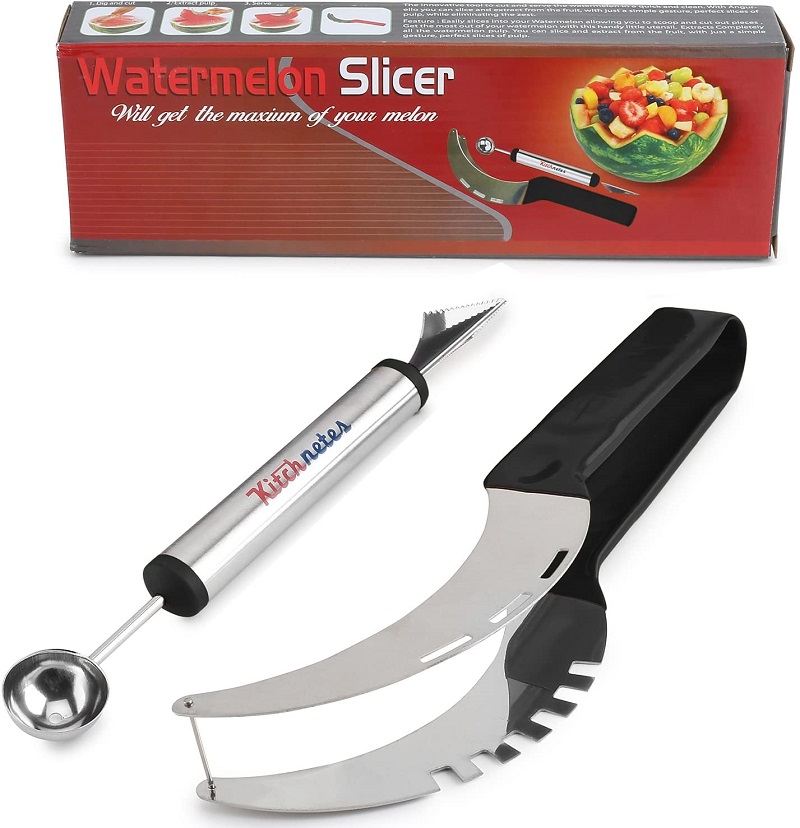 Premium Watermelon Slicer Set Stainless Fruit Carving Kitchen Utensil Kit - Includes Watermelon Slicing Tool & Fruit Carving Knife/Spoon - Great For Salads, Desserts - With Unique Box Packaging