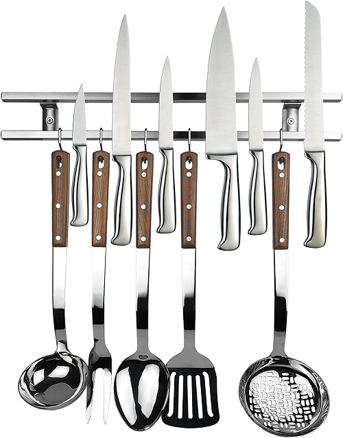 STAINLESS STEEL MAGNETIC KNIFE HOLDER with 6 Removable Hooks
