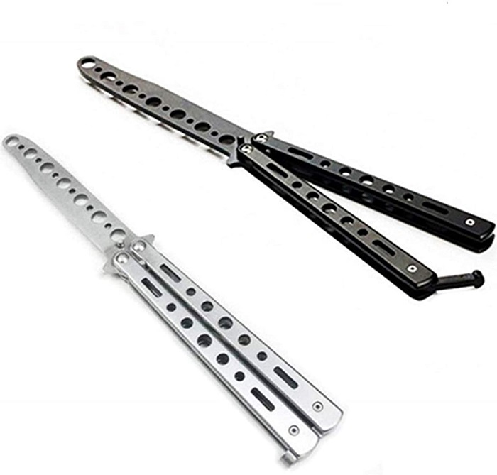 Butterfly Knife, Trainer Martial Arts Practice Swords Steel Metal Folding Balisong Training Knife Tool Unsharpened for Men Boys Kids CSGO, Black and Silver, Set of 2