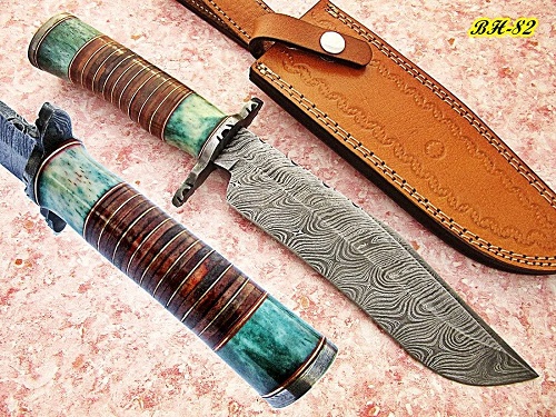REG-BH-82, Handmade Damascus Steel 13.60 Inches Bowie Knife - Colored Bone and Leather Sheath Handle with Damascus Steel Guard