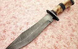 REG-BH-83, Handmade Damascus Steel 13.60 Inches Bowie Knife - Colored Bone & Buffalo Horn Handle with Damascus Steel Guard