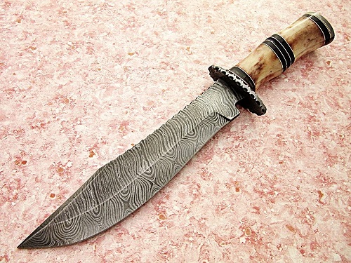 REG-BH-83, Handmade Damascus Steel 13.60 Inches Bowie Knife - Colored Bone & Buffalo Horn Handle with Damascus Steel Guard