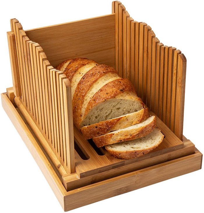 Bamboo Bread Slicer for Homemade Bread Loaf – Wooden Bread Cutting Board with Crumble Holder – Foldable and Compact Loaf Cutter – Thin or Thick Slices