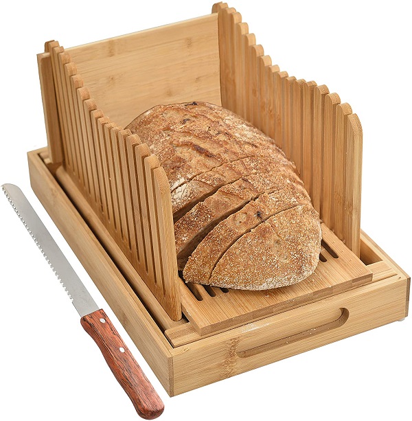 Bread Slicer with Crumb Tray Bamboo Bread Cutter for Homemade Bread, Loaf Cakes, Bagels Slicer, 3 Slice Sizes, Adjustable, Compact, Foldable By Kitchen Seven
