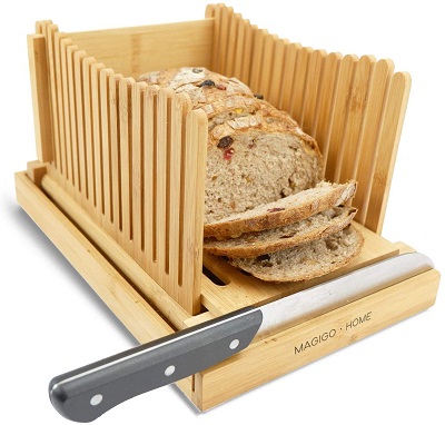 MAGIGO Nature Bamboo Foldable Bread Slicer with Crumb Catcher Tray, Bread Slicing Guide